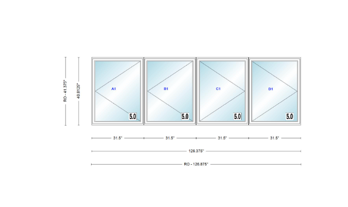 ANDERSEN Windows 400 Series LLRR Quad Casement Casement 126-3/8" Wide Vinyl Exterior Wood Interior New Construction Low-E4 Dual Pane Argon Fill Glass Full Screens/Grilles/Tempered Optional
