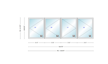ANDERSEN Windows 400 Series LLRR Quad Casement Casement 126-3/8" Wide Vinyl Exterior Wood Interior New Construction Low-E4 Dual Pane Argon Fill Glass Full Screens/Grilles/Tempered Optional
