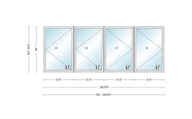 ANDERSEN Windows 400 Series LLRR Quad Casement Casement 126-3/8" Wide Vinyl Exterior Wood Interior New Construction Low-E4 Dual Pane Argon Fill Glass Full Screens/Grilles/Tempered Optional