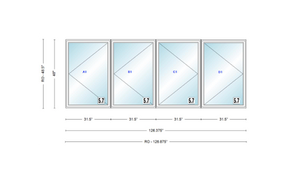 ANDERSEN Windows 400 Series LLRR Quad Casement Casement 126-3/8" Wide Vinyl Exterior Wood Interior New Construction Low-E4 Dual Pane Argon Fill Glass Full Screens/Grilles/Tempered Optional
