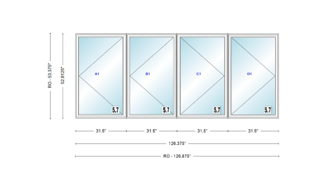 ANDERSEN Windows 400 Series LLRR Quad Casement Casement 126-3/8" Wide Vinyl Exterior Wood Interior New Construction Low-E4 Dual Pane Argon Fill Glass Full Screens/Grilles/Tempered Optional