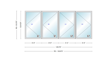 ANDERSEN Windows 400 Series LLRR Quad Casement Casement 126-3/8" Wide Vinyl Exterior Wood Interior New Construction Low-E4 Dual Pane Argon Fill Glass Full Screens/Grilles/Tempered Optional