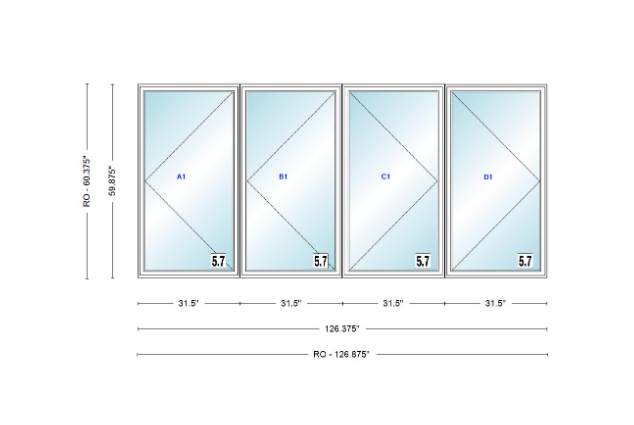 ANDERSEN Windows 400 Series LLRR Quad Casement Casement 126-3/8" Wide Vinyl Exterior Wood Interior New Construction Low-E4 Dual Pane Argon Fill Glass Full Screens/Grilles/Tempered Optional
