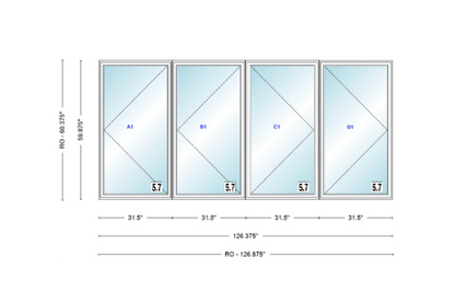 ANDERSEN Windows 400 Series LLRR Quad Casement Casement 126-3/8" Wide Vinyl Exterior Wood Interior New Construction Low-E4 Dual Pane Argon Fill Glass Full Screens/Grilles/Tempered Optional
