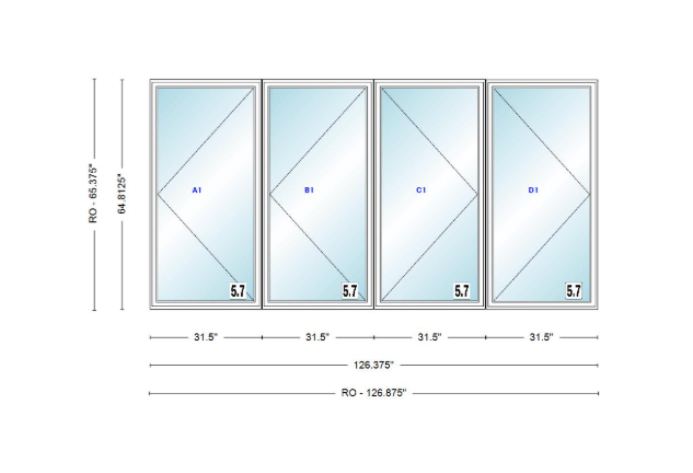 ANDERSEN Windows 400 Series LLRR Quad Casement Casement 126-3/8" Wide Vinyl Exterior Wood Interior New Construction Low-E4 Dual Pane Argon Fill Glass Full Screens/Grilles/Tempered Optional