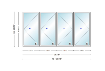 ANDERSEN Windows 400 Series LLRR Quad Casement Casement 126-3/8" Wide Vinyl Exterior Wood Interior New Construction Low-E4 Dual Pane Argon Fill Glass Full Screens/Grilles/Tempered Optional