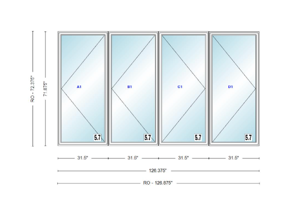 ANDERSEN Windows 400 Series LLRR Quad Casement Casement 126-3/8" Wide Vinyl Exterior Wood Interior New Construction Low-E4 Dual Pane Argon Fill Glass Full Screens/Grilles/Tempered Optional