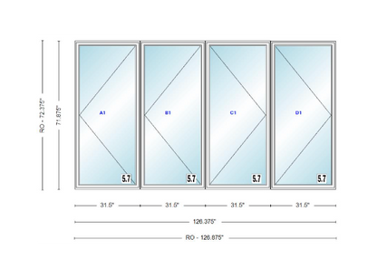 ANDERSEN Windows 400 Series LLRR Quad Casement Casement 126-3/8" Wide Vinyl Exterior Wood Interior New Construction Low-E4 Dual Pane Argon Fill Glass Full Screens/Grilles/Tempered Optional