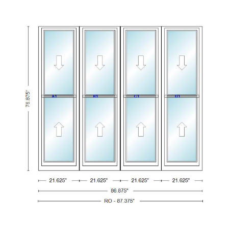 ANDERSEN Windows 400 Series Quad Double Hung 86-7/8" Wide Vinyl Exterior Wood Interior New Construction Low-E4 Dual Pane Argon Fill Glass Full Screens/Grilles/Tempered Optional