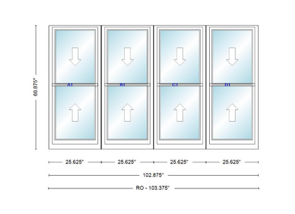 ANDERSEN Windows 400 Series Quad Double Hung 102-7/8" Wide Vinyl Exterior Wood Interior New Construction Low-E4 Dual Pane Argon Fill Glass Full Screens/Grilles/Tempered Optional