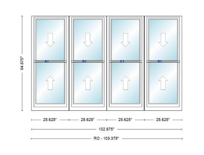ANDERSEN Windows 400 Series Quad Double Hung 102-7/8" Wide Vinyl Exterior Wood Interior New Construction Low-E4 Dual Pane Argon Fill Glass Full Screens/Grilles/Tempered Optional