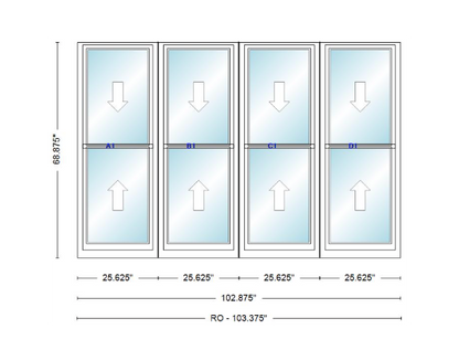 ANDERSEN Windows 400 Series Quad Double Hung 102-7/8" Wide Vinyl Exterior Wood Interior New Construction Low-E4 Dual Pane Argon Fill Glass Full Screens/Grilles/Tempered Optional