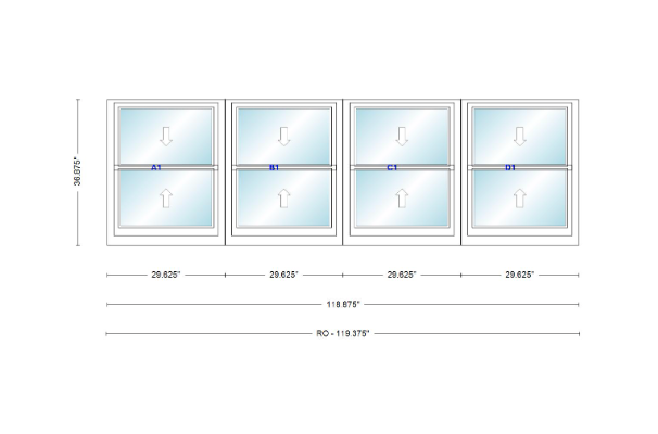 ANDERSEN Windows 400 Series Quad Double Hung 118-7/8" Wide Vinyl Exterior Wood Interior New Construction Low-E4 Dual Pane Argon Fill Glass Full Screens/Grilles/Tempered Optional