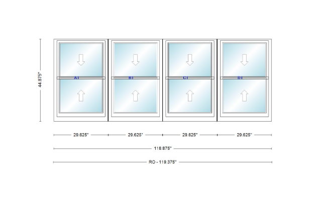ANDERSEN Windows 400 Series Quad Double Hung 118-7/8" Wide Vinyl Exterior Wood Interior New Construction Low-E4 Dual Pane Argon Fill Glass Full Screens/Grilles/Tempered Optional
