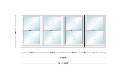ANDERSEN Windows 400 Series Quad Double Hung 118-7/8" Wide Vinyl Exterior Wood Interior New Construction Low-E4 Dual Pane Argon Fill Glass Full Screens/Grilles/Tempered Optional
