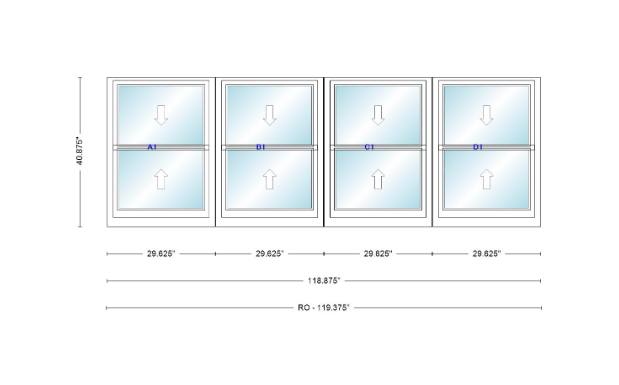 ANDERSEN Windows 400 Series Quad Double Hung 118-7/8" Wide Vinyl Exterior Wood Interior New Construction Low-E4 Dual Pane Argon Fill Glass Full Screens/Grilles/Tempered Optional
