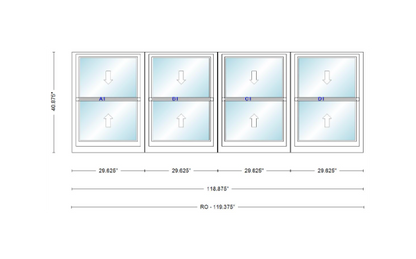 ANDERSEN Windows 400 Series Quad Double Hung 118-7/8" Wide Vinyl Exterior Wood Interior New Construction Low-E4 Dual Pane Argon Fill Glass Full Screens/Grilles/Tempered Optional