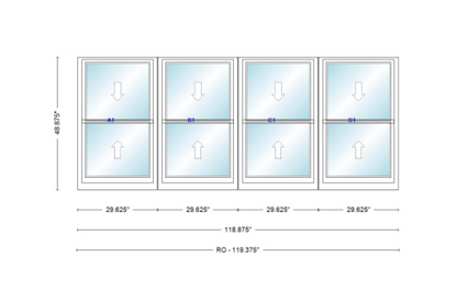 ANDERSEN Windows 400 Series Quad Double Hung 118-7/8" Wide Vinyl Exterior Wood Interior New Construction Low-E4 Dual Pane Argon Fill Glass Full Screens/Grilles/Tempered Optional