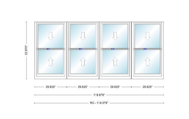 ANDERSEN Windows 400 Series Quad Double Hung 118-7/8" Wide Vinyl Exterior Wood Interior New Construction Low-E4 Dual Pane Argon Fill Glass Full Screens/Grilles/Tempered Optional
