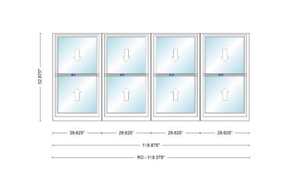 ANDERSEN Windows 400 Series Quad Double Hung 118-7/8" Wide Vinyl Exterior Wood Interior New Construction Low-E4 Dual Pane Argon Fill Glass Full Screens/Grilles/Tempered Optional