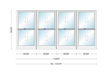 ANDERSEN Windows 400 Series Quad Double Hung 118-7/8" Wide Vinyl Exterior Wood Interior New Construction Low-E4 Dual Pane Argon Fill Glass Full Screens/Grilles/Tempered Optional