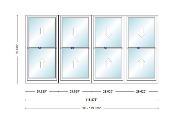 ANDERSEN Windows 400 Series Quad Double Hung 118-7/8" Wide Vinyl Exterior Wood Interior New Construction Low-E4 Dual Pane Argon Fill Glass Full Screens/Grilles/Tempered Optional