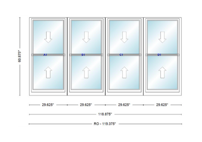 ANDERSEN Windows 400 Series Quad Double Hung 118-7/8" Wide Vinyl Exterior Wood Interior New Construction Low-E4 Dual Pane Argon Fill Glass Full Screens/Grilles/Tempered Optional