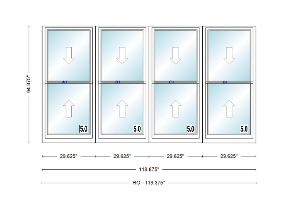 ANDERSEN Windows 400 Series Quad Double Hung 118-7/8" Wide Vinyl Exterior Wood Interior New Construction Low-E4 Dual Pane Argon Fill Glass Full Screens/Grilles/Tempered Optional