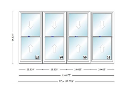 ANDERSEN Windows 400 Series Quad Double Hung 118-7/8" Wide Vinyl Exterior Wood Interior New Construction Low-E4 Dual Pane Argon Fill Glass Full Screens/Grilles/Tempered Optional