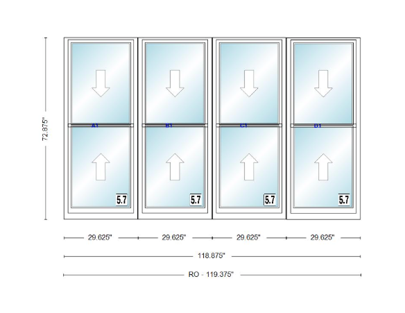 ANDERSEN Windows 400 Series Quad Double Hung 118-7/8" Wide Vinyl Exterior Wood Interior New Construction Low-E4 Dual Pane Argon Fill Glass Full Screens/Grilles/Tempered Optional