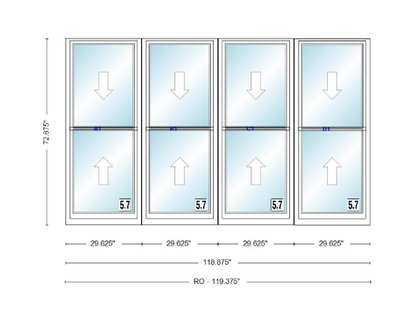 ANDERSEN Windows 400 Series Quad Double Hung 118-7/8" Wide Vinyl Exterior Wood Interior New Construction Low-E4 Dual Pane Argon Fill Glass Full Screens/Grilles/Tempered Optional