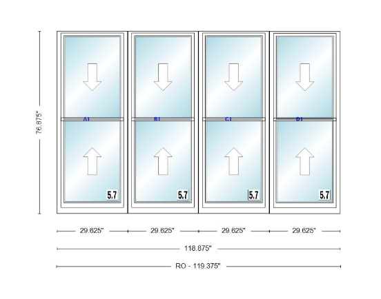 ANDERSEN Windows 400 Series Quad Double Hung 118-7/8" Wide Vinyl Exterior Wood Interior New Construction Low-E4 Dual Pane Argon Fill Glass Full Screens/Grilles/Tempered Optional