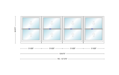 ANDERSEN Windows 400 Series Quad Double Hung 126-7/8" Wide Vinyl Exterior Wood Interior New Construction Low-E4 Dual Pane Argon Fill Glass Full Screens/Grilles/Tempered Optional