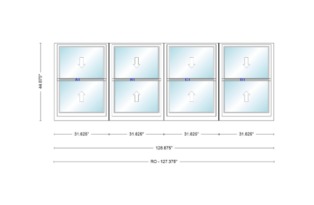 ANDERSEN Windows 400 Series Quad Double Hung 126-7/8" Wide Vinyl Exterior Wood Interior New Construction Low-E4 Dual Pane Argon Fill Glass Full Screens/Grilles/Tempered Optional