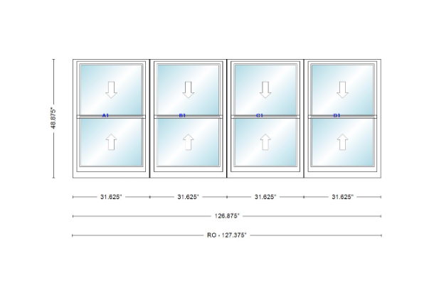 ANDERSEN Windows 400 Series Quad Double Hung 126-7/8" Wide Vinyl Exterior Wood Interior New Construction Low-E4 Dual Pane Argon Fill Glass Full Screens/Grilles/Tempered Optional