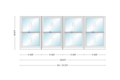 ANDERSEN Windows 400 Series Quad Double Hung 126-7/8" Wide Vinyl Exterior Wood Interior New Construction Low-E4 Dual Pane Argon Fill Glass Full Screens/Grilles/Tempered Optional