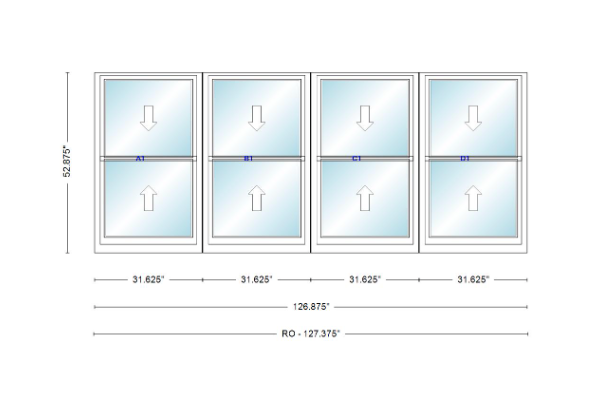 ANDERSEN Windows 400 Series Quad Double Hung 126-7/8" Wide Vinyl Exterior Wood Interior New Construction Low-E4 Dual Pane Argon Fill Glass Full Screens/Grilles/Tempered Optional