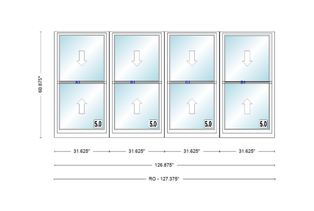 ANDERSEN Windows 400 Series Quad Double Hung 126-7/8" Wide Vinyl Exterior Wood Interior New Construction Low-E4 Dual Pane Argon Fill Glass Full Screens/Grilles/Tempered Optional