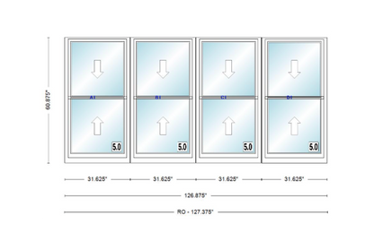 ANDERSEN Windows 400 Series Quad Double Hung 126-7/8" Wide Vinyl Exterior Wood Interior New Construction Low-E4 Dual Pane Argon Fill Glass Full Screens/Grilles/Tempered Optional