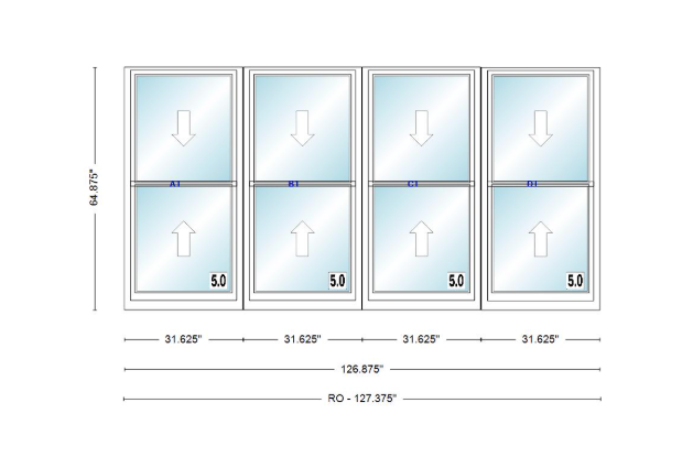ANDERSEN Windows 400 Series Quad Double Hung 126-7/8" Wide Vinyl Exterior Wood Interior New Construction Low-E4 Dual Pane Argon Fill Glass Full Screens/Grilles/Tempered Optional
