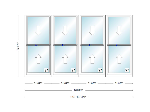 ANDERSEN Windows 400 Series Quad Double Hung 126-7/8" Wide Vinyl Exterior Wood Interior New Construction Low-E4 Dual Pane Argon Fill Glass Full Screens/Grilles/Tempered Optional