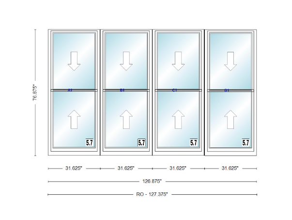 ANDERSEN Windows 400 Series Quad Double Hung 126-7/8" Wide Vinyl Exterior Wood Interior New Construction Low-E4 Dual Pane Argon Fill Glass Full Screens/Grilles/Tempered Optional