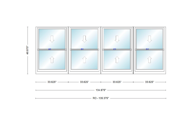 ANDERSEN Windows 400 Series Quad Double Hung 134-7/8" Wide Vinyl Exterior Wood Interior New Construction Low-E4 Dual Pane Argon Fill Glass Full Screens/Grilles/Tempered Optional