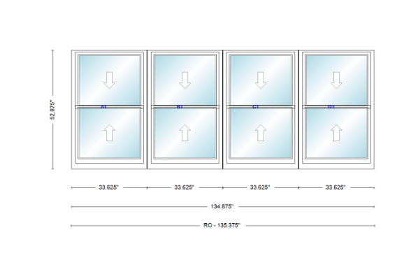 ANDERSEN Windows 400 Series Quad Double Hung 134-7/8" Wide Vinyl Exterior Wood Interior New Construction Low-E4 Dual Pane Argon Fill Glass Full Screens/Grilles/Tempered Optional