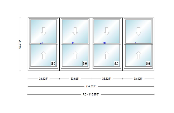 ANDERSEN Windows 400 Series Quad Double Hung 134-7/8" Wide Vinyl Exterior Wood Interior New Construction Low-E4 Dual Pane Argon Fill Glass Full Screens/Grilles/Tempered Optional