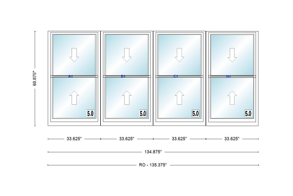 ANDERSEN Windows 400 Series Quad Double Hung 134-7/8" Wide Vinyl Exterior Wood Interior New Construction Low-E4 Dual Pane Argon Fill Glass Full Screens/Grilles/Tempered Optional