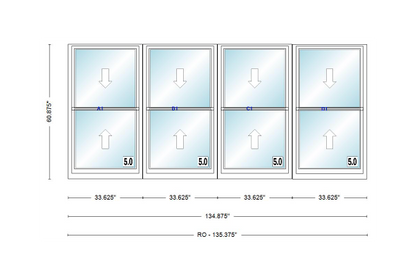 ANDERSEN Windows 400 Series Quad Double Hung 134-7/8" Wide Vinyl Exterior Wood Interior New Construction Low-E4 Dual Pane Argon Fill Glass Full Screens/Grilles/Tempered Optional