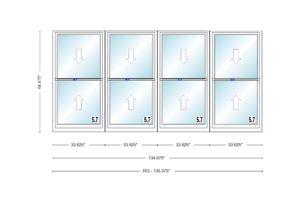 ANDERSEN Windows 400 Series Quad Double Hung 134-7/8" Wide Vinyl Exterior Wood Interior New Construction Low-E4 Dual Pane Argon Fill Glass Full Screens/Grilles/Tempered Optional