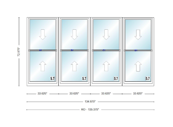 ANDERSEN Windows 400 Series Quad Double Hung 134-7/8" Wide Vinyl Exterior Wood Interior New Construction Low-E4 Dual Pane Argon Fill Glass Full Screens/Grilles/Tempered Optional