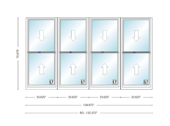 ANDERSEN Windows 400 Series Quad Double Hung 134-7/8" Wide Vinyl Exterior Wood Interior New Construction Low-E4 Dual Pane Argon Fill Glass Full Screens/Grilles/Tempered Optional